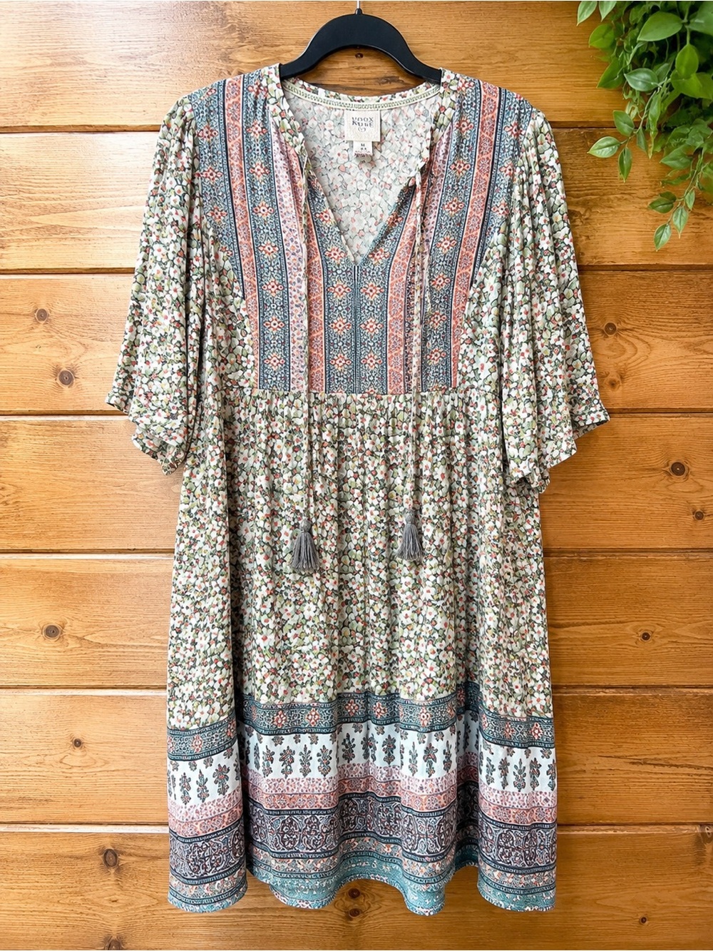 🌿 Knox Rose Floral Boho Peasant Dress Tassel Tie Flowy Size Medium 💕